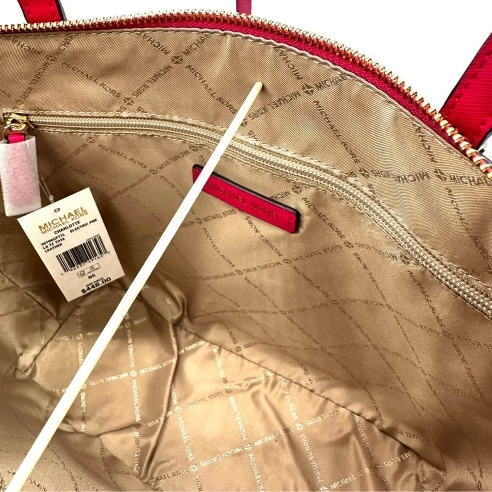 Michael Kors Large Charlotte Tote Bag Luggage Leather Electric Pink